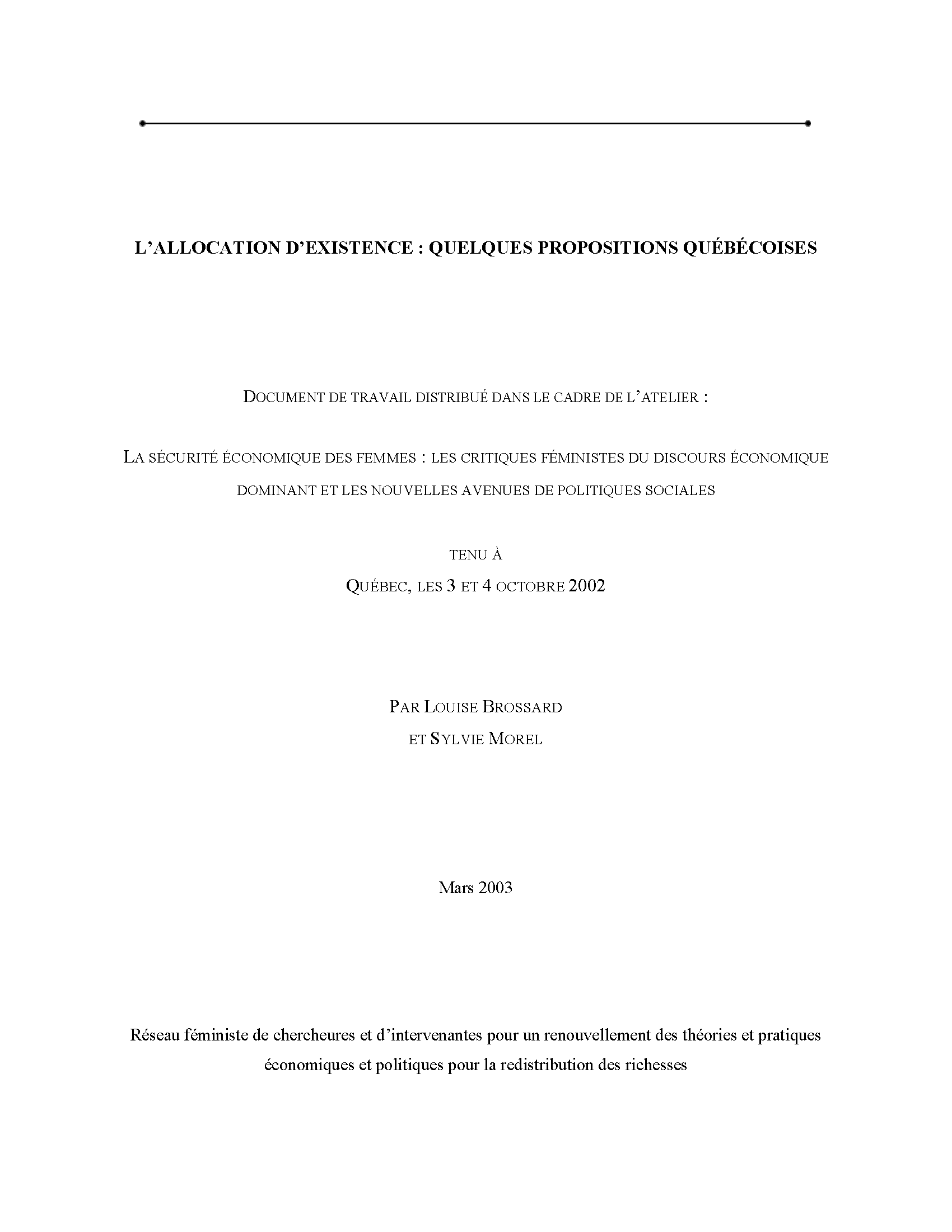 Couverture du document : L'allocation d'existence : quelques propositions québécoises