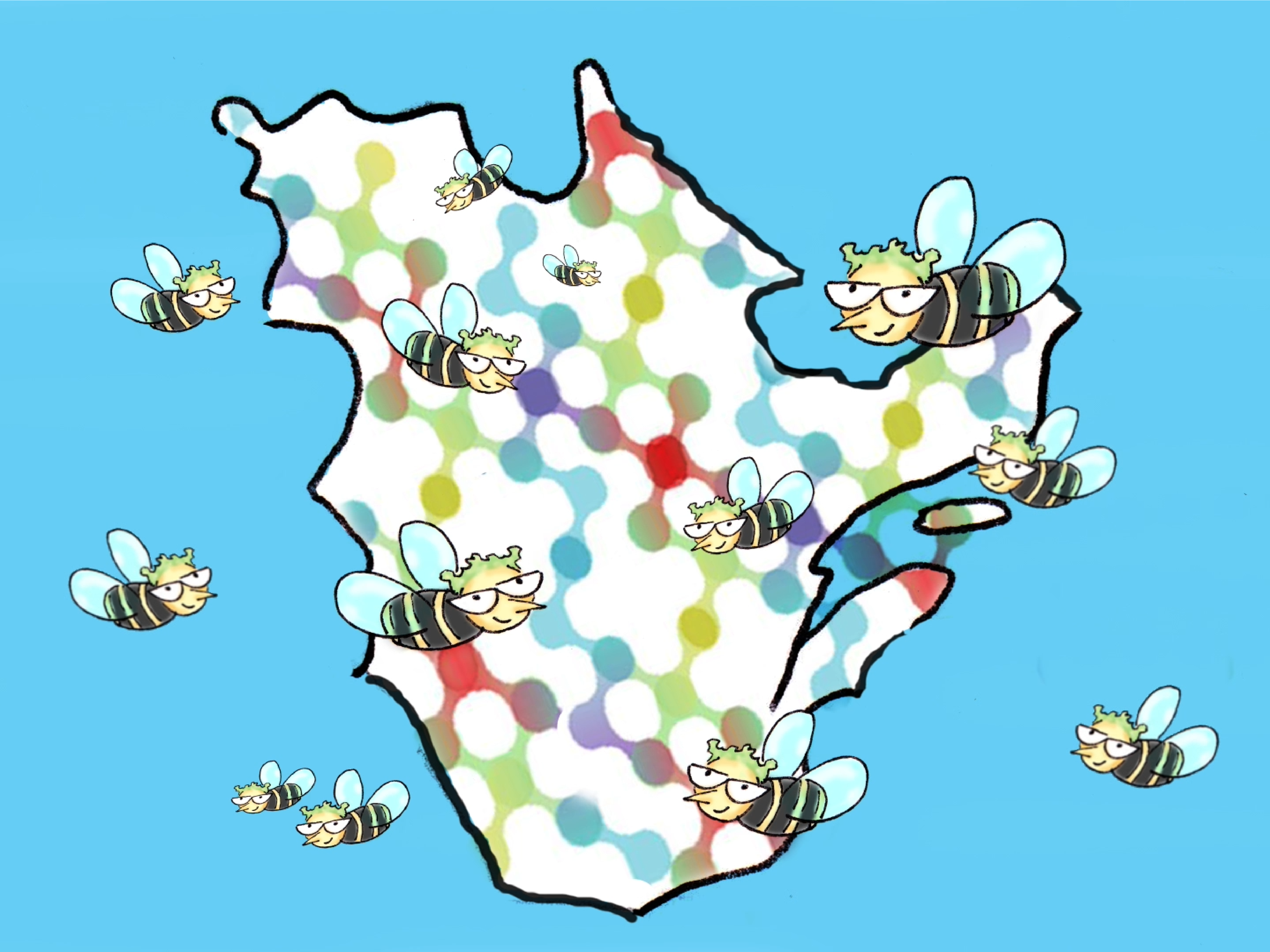 Visuel des capsules produites dans le cadre du projet Nouvelles alliances : une carte du Québec au couleurs du logo du projet parsemée d'abeilles. 