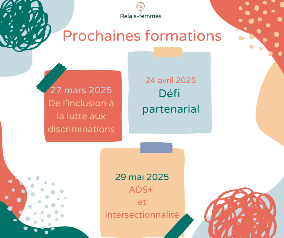 Prochaines formations le 27 mars 2025 de l'inclusion à la lutte contre les discriminations le 24 avril 2025 défi partenarial le 29 mai analyse différenciée selon les genres et intersectionnalité